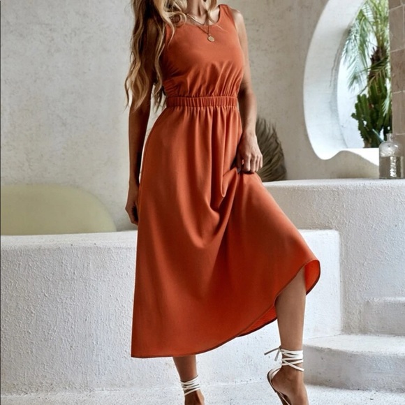 Bohemian Rust Orange Cutout Backless Midi Dress XS S M L - Picture 4 of 6